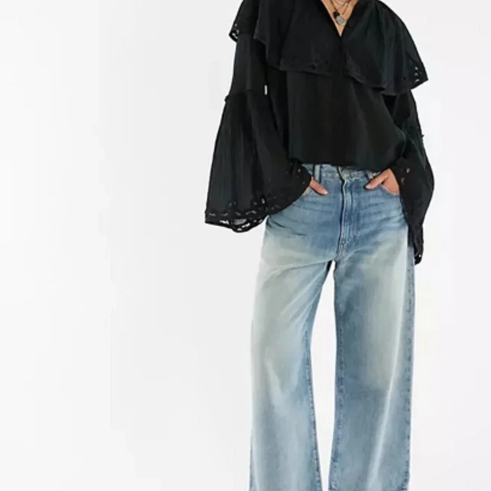 Free People Riley Battenburg Blouse V Neck Buttondown  Bell Sleeve Top XS